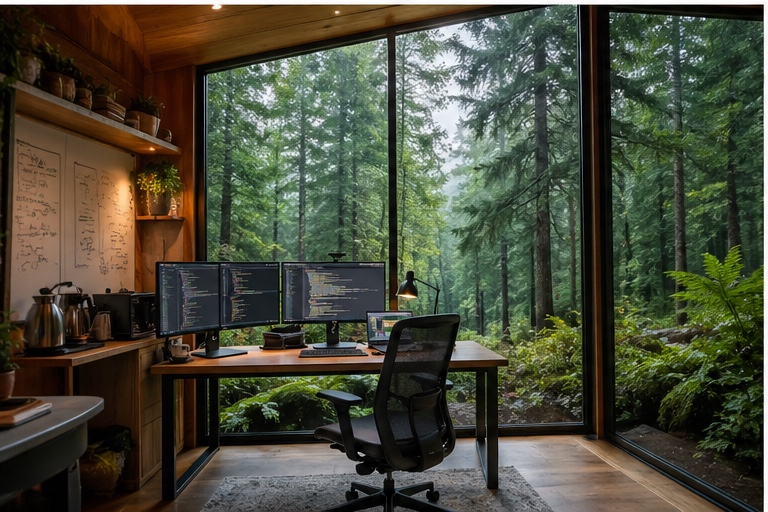 Multi-monitor coding setup looking out into a misty old-growth forest