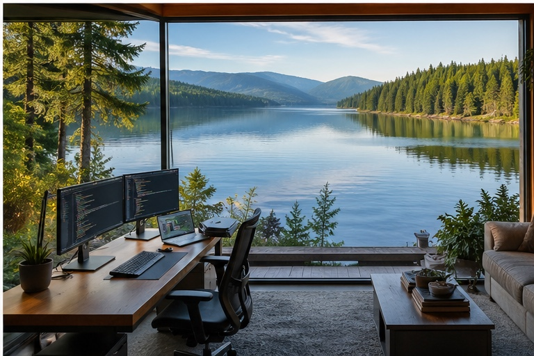 Lakefront coding workstation with calm water and forested hills beyond