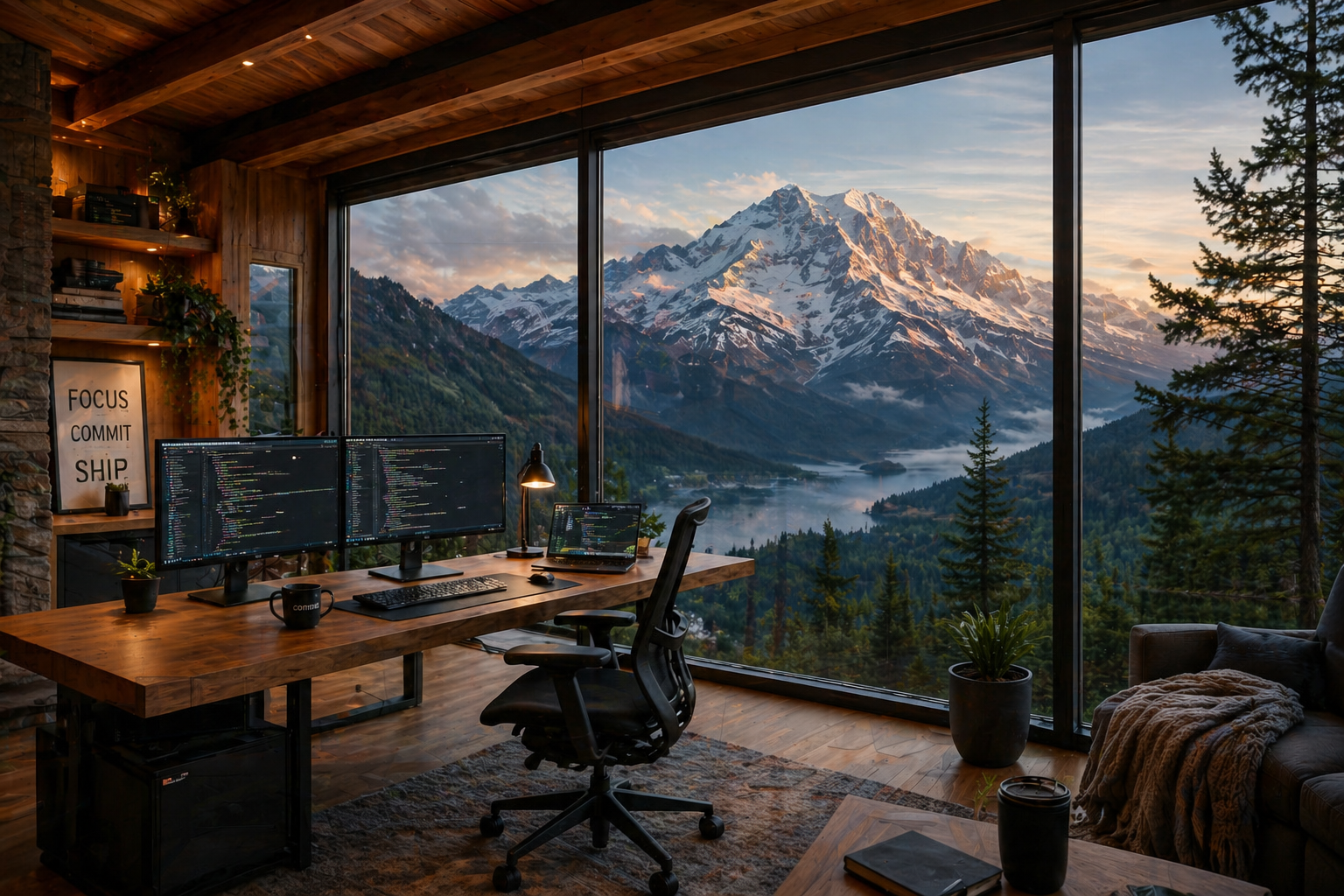 Coding workstation overlooking a snowy mountain range from a wooden cabin