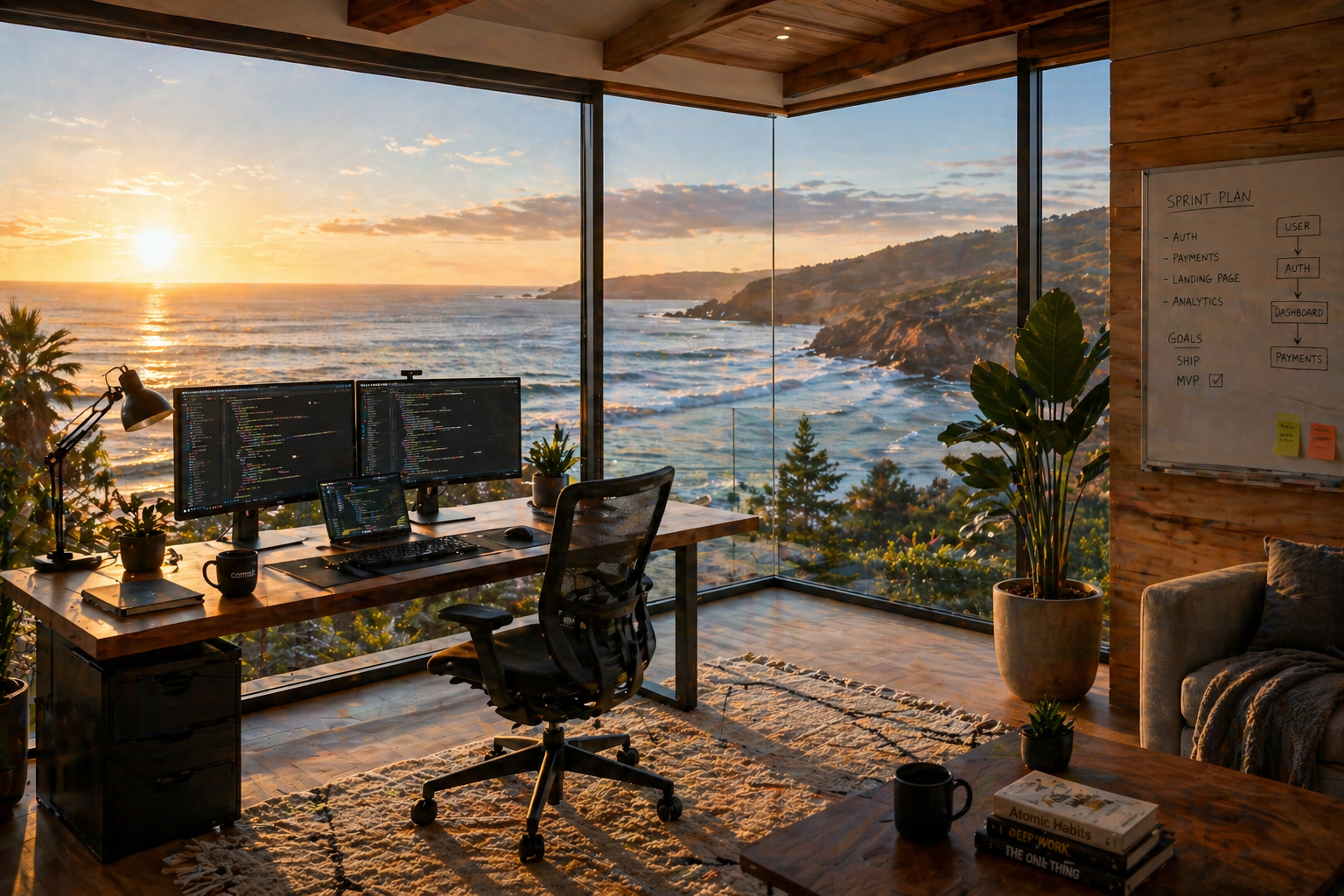 Coding workstation at golden hour overlooking the Pacific coast